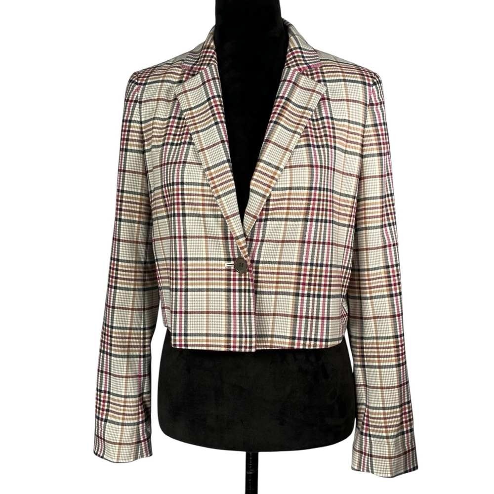 Leith Plaid Cropped Blazer White Tan Pink Red Women’s Jacket Tailored